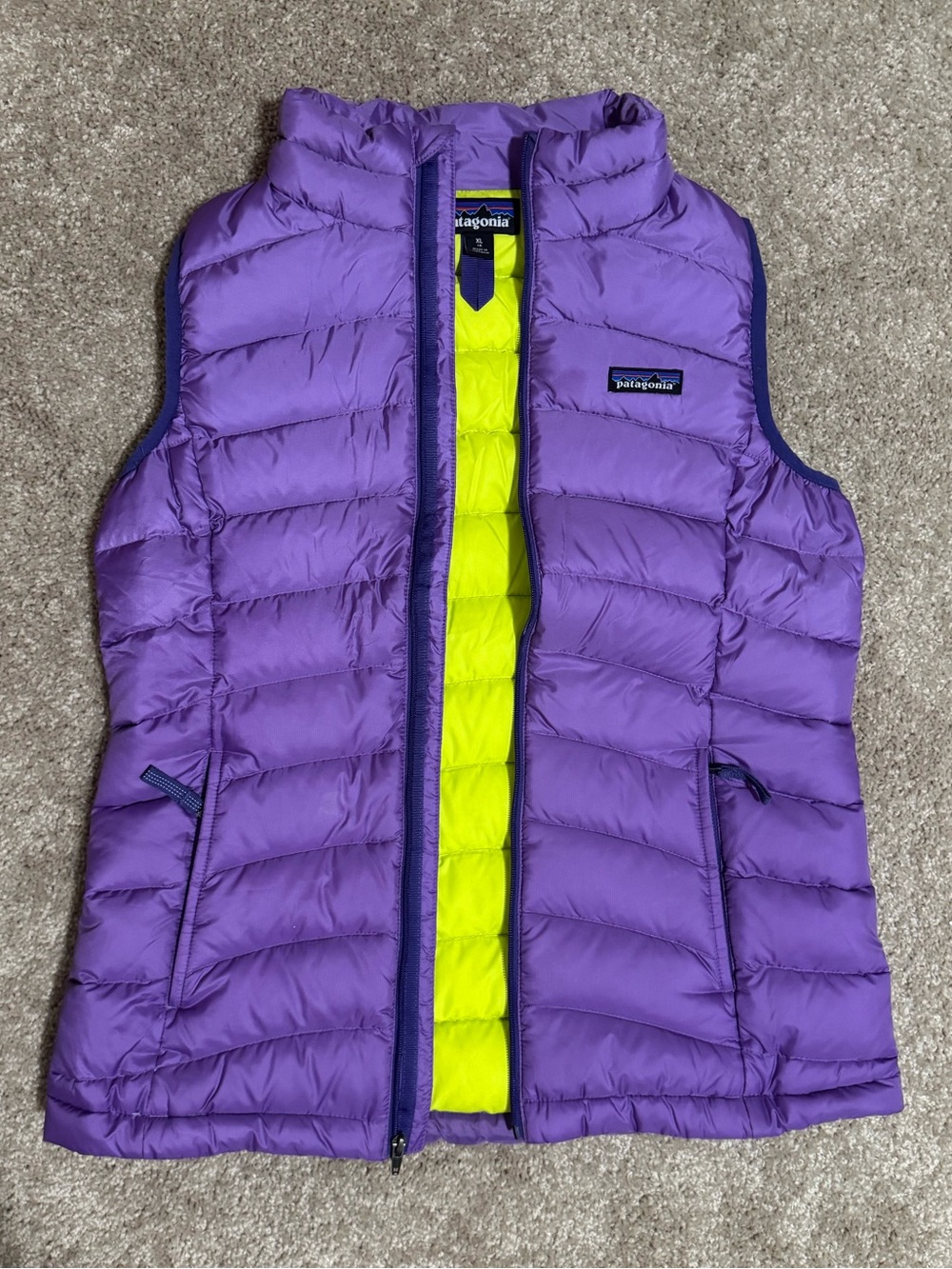 Patagonia W: small Youth: XL Purple Down Puffer Vest with Neon Yellow Lining